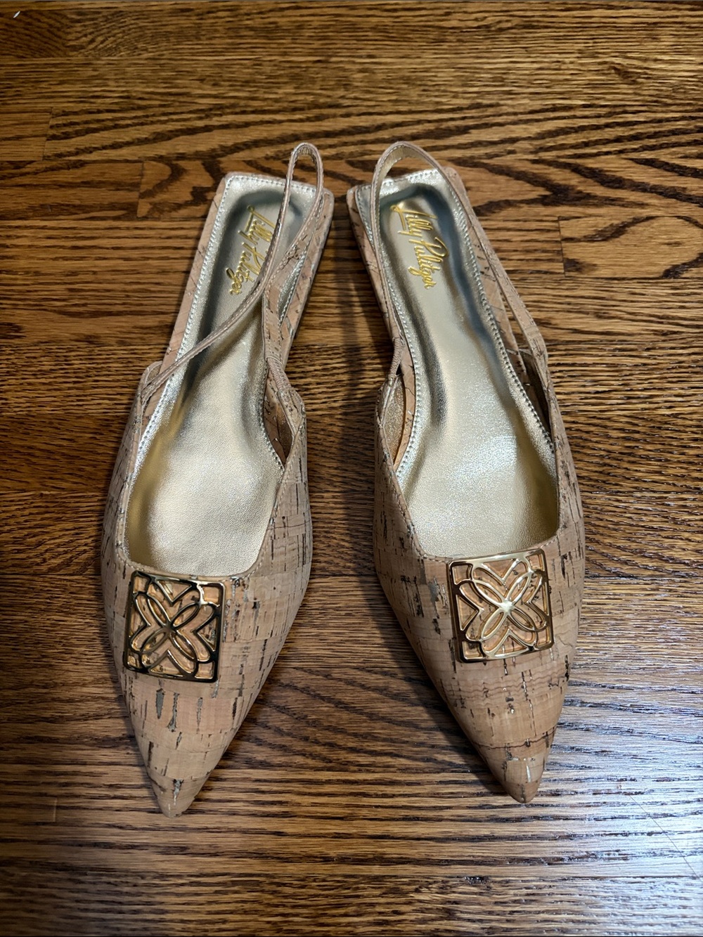 Lilly Pulitzer Tan Cork Pointed Slingback Flats with Gold Emblem